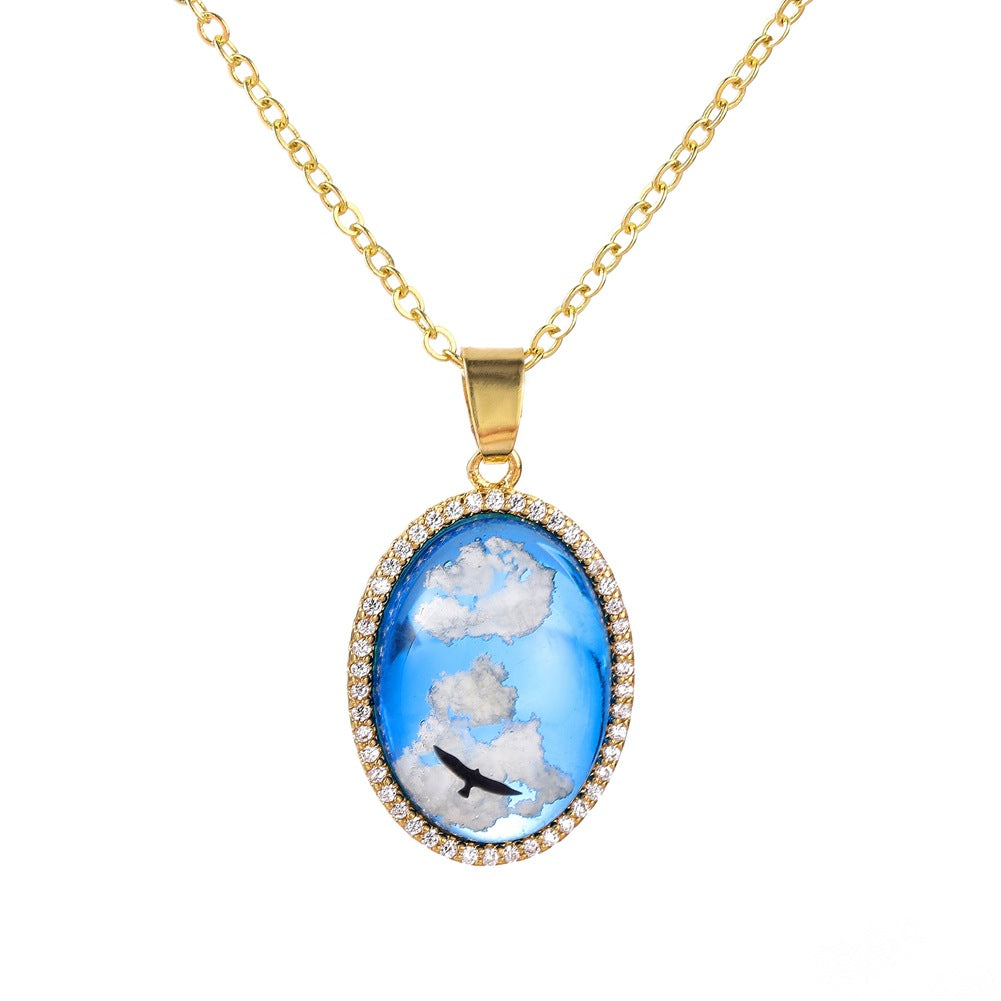 Creative Handmade Jewelry ETSY Blue Sky White Cloud Eagle Pendant Water Drop Shaped Resin Necklace