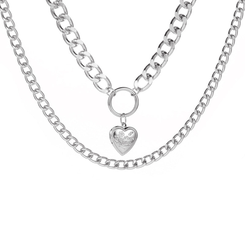 Jewelry Fashion Double Love Pendant Exaggerated Thick Chain Necklace Cold Street Shooting Sweater Chain