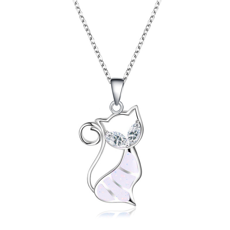 Necklace Personality Hollow Diamond Kitten Clavicle Chain Sweet Opal Cat Pendant