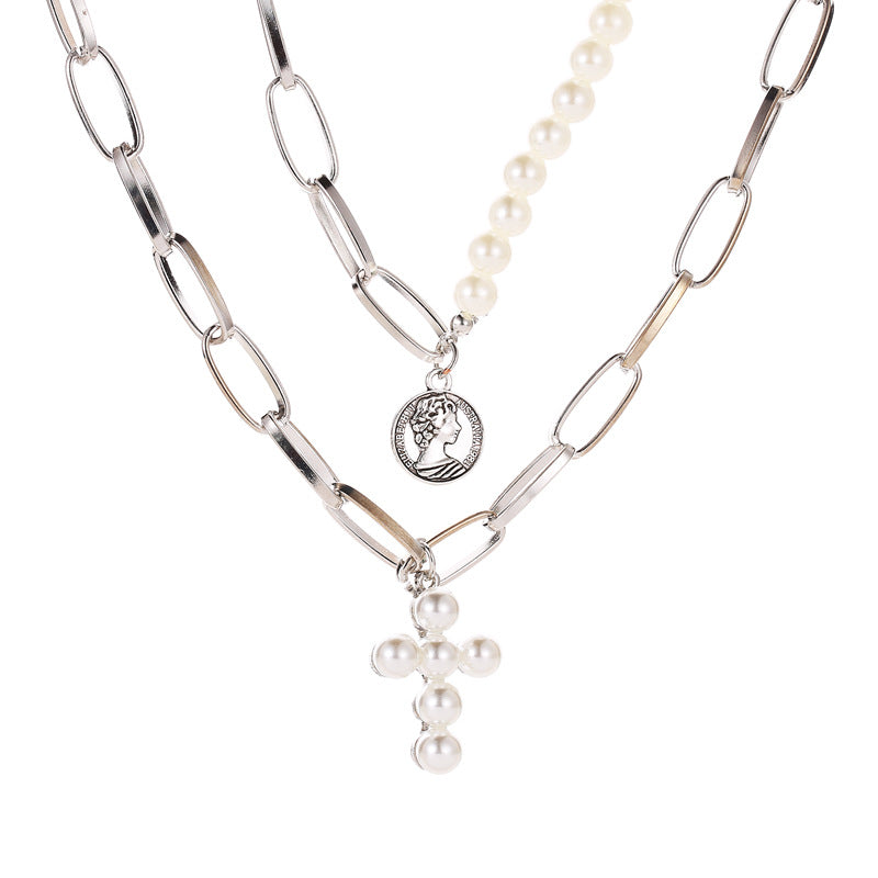Necklace Exaggerated Pearl Cross Necklace Women's Thick Chain Multi-layer Disc Portrait Pendant