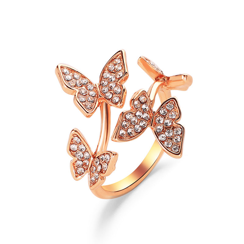 Fashion Jewelry Temperament Full Diamond Four Butterfly Ring Net Red Light Luxury Index Finger Open Ring