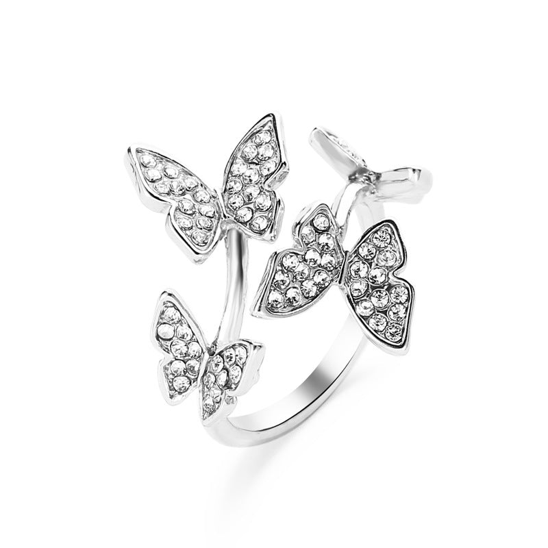 Fashion Jewelry Temperament Full Diamond Four Butterfly Ring Net Red Light Luxury Index Finger Open Ring