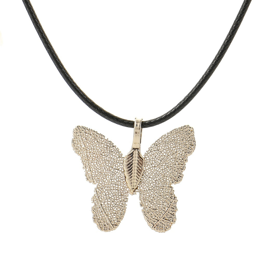 Creative Personality Gold-plated Butterfly Real Leaf Specimen Pendant Earrings Clavicle Necklace Set