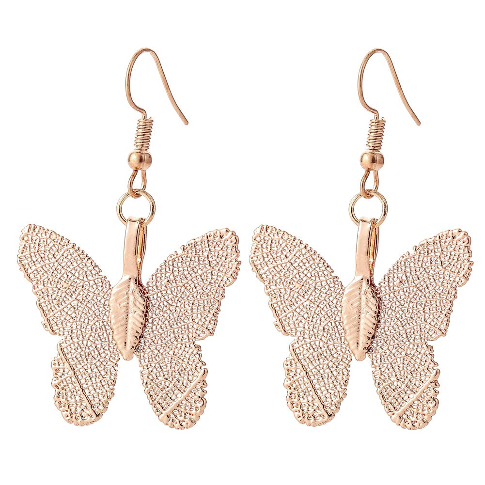 Creative Personality Gold-plated Butterfly Real Leaf Specimen Pendant Earrings Clavicle Necklace Set