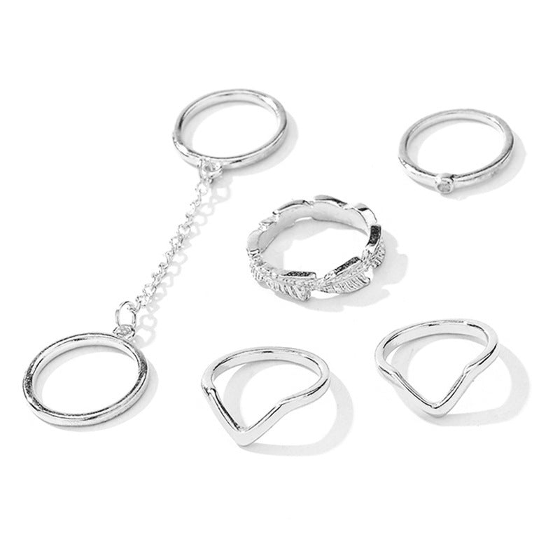 Personality fashion all-match ring diamond leaf leaf V-shaped joint finger chain 6-piece set finger