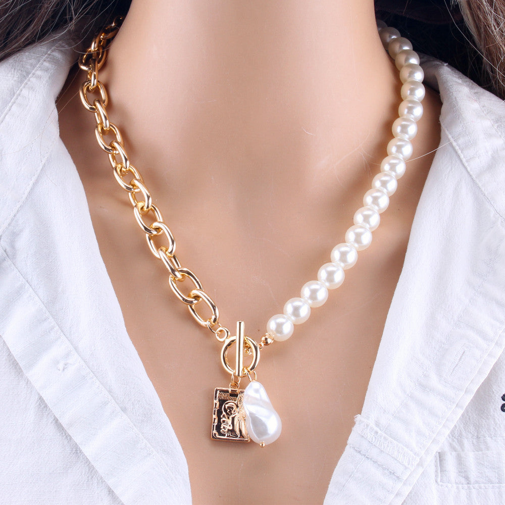 Baroque Pearl Jewelry Metal Butterfly Set Chain Retro Simple OT Buckle Necklace Multilayer Sweater Chain Necklace Female