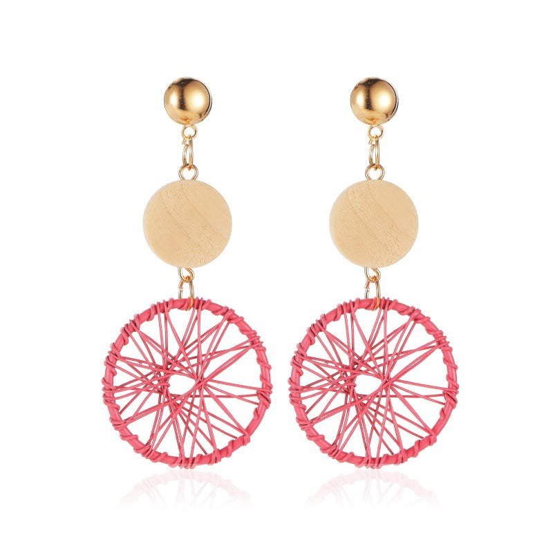 Creative net red same style wooden earrings femininity long geometric hollow woven earrings earrings