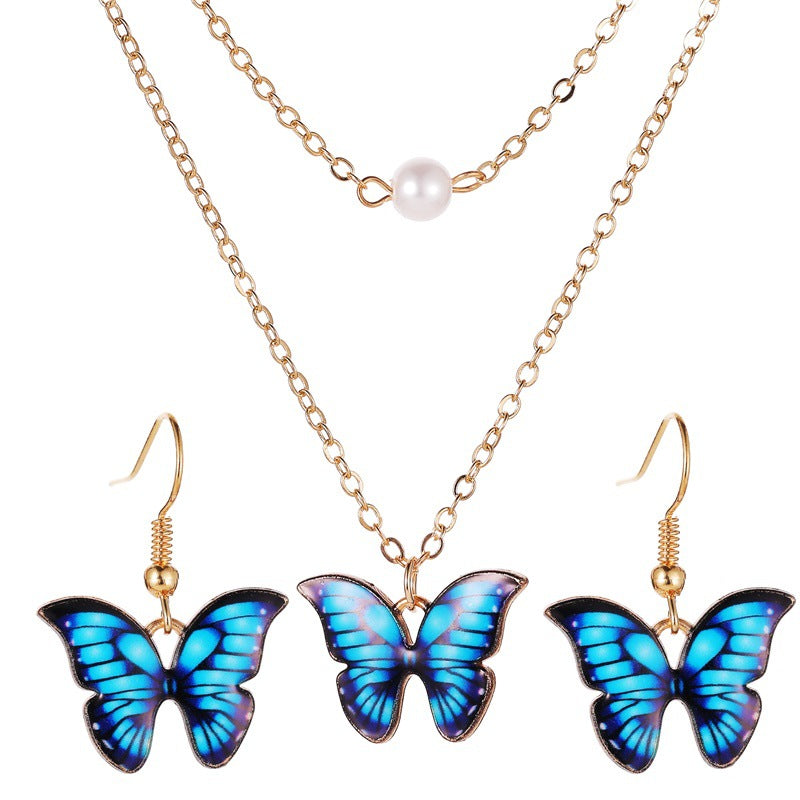 Set Butterfly Necklace Colorful Double Layer Pearl Butterfly Pendant Feminine Elegant Butterfly Earrings