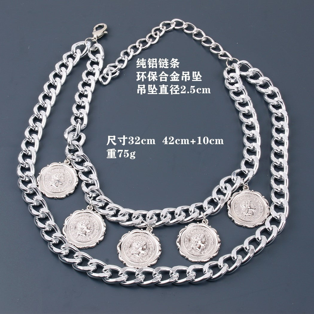 Jewelry geometric u-shaped retro embossed necklace retro exaggerated multi-layer portrait thick chain necklace