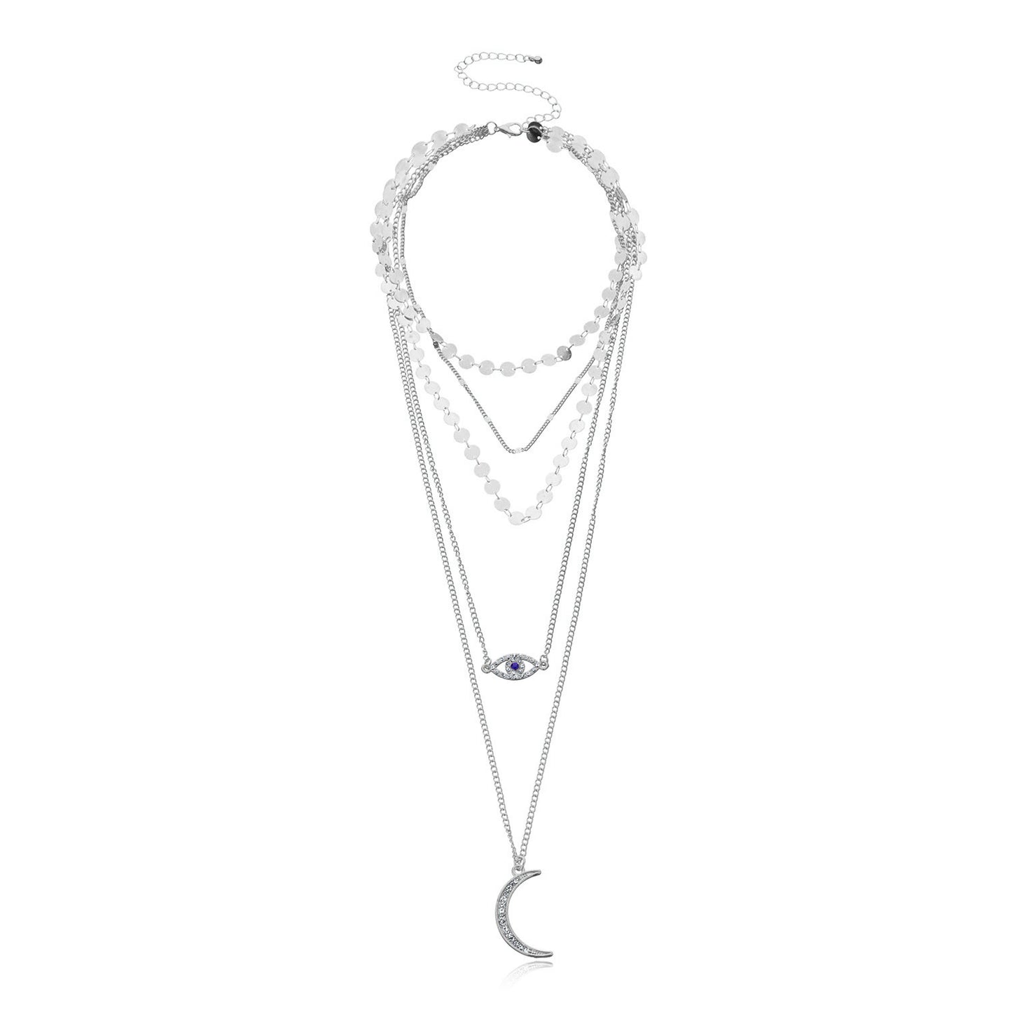 Jewelry Fashion Diamond Crescent Pendant Necklace Female Retro Multi-layer Round Geometric Sequins Necklace