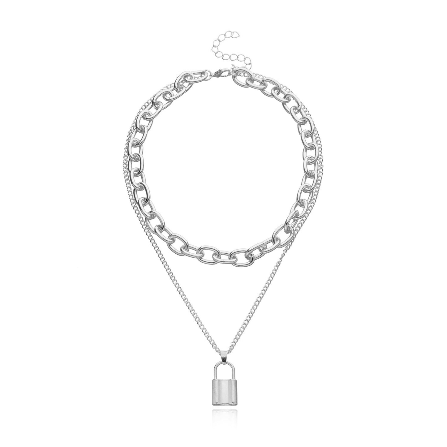 Jewelry Punk Aluminum Alloy Thick Chain Lock Pendant Necklace Ladies Street Retro Double Layer Necklace