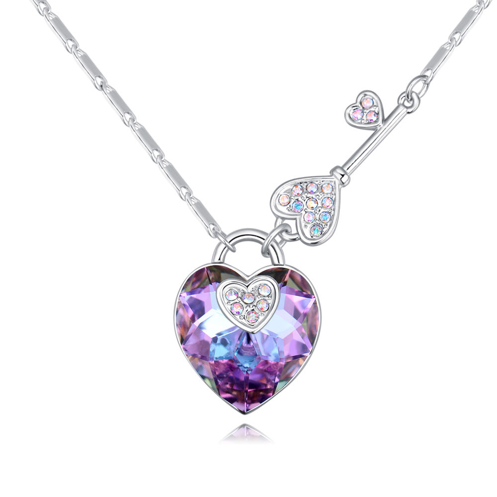 Fashion Ladies Key Love Shape Color Crystal Pendant Necklace Temperament Jewelry