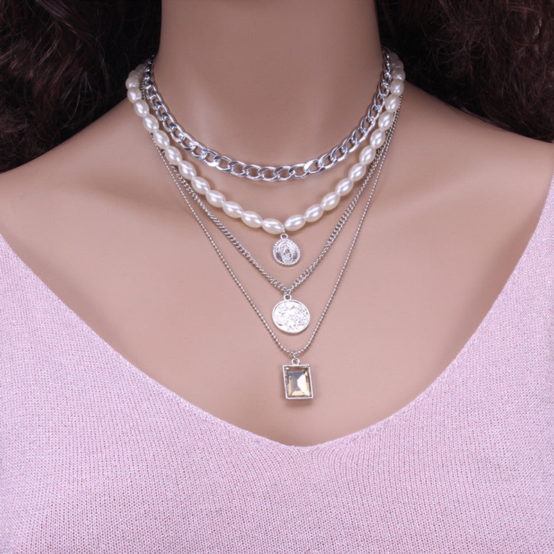 Jewelry Retro Multi-layer Mix and Match Imitation Pearl Necklace Simple Geometric Embossed Necklace Female
