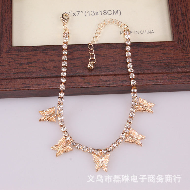 Creative Rhinestone Small Butterfly Pendant Anklet Women's Popular Butterfly Element Shiny Diamond Foot Ornament