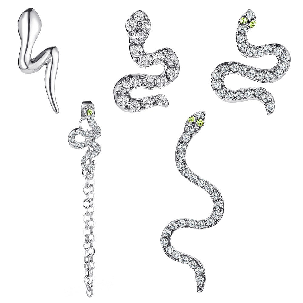 Set earrings personality five-piece set full of diamonds snake-shaped earrings punk street hipster earrings