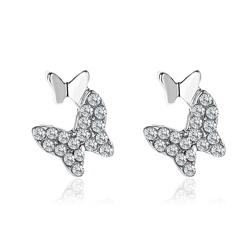 Classic Earrings Temperament Two Butterflies Sweet Light Luxury Earrings Versatile Simple Rhinestone Earrings Butterfly Earrings