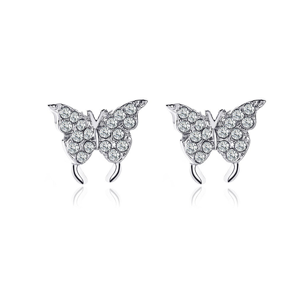 Classic Earrings Temperament Two Butterflies Sweet Light Luxury Earrings Versatile Simple Rhinestone Earrings Butterfly Earrings