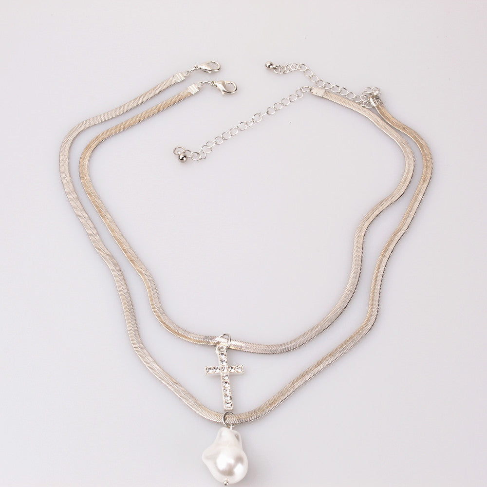 Necklace Jewelry Diamond Cross Shaped Pearl Baroque Copper Snake Chain Multilayer Necklace Clavicle Chain