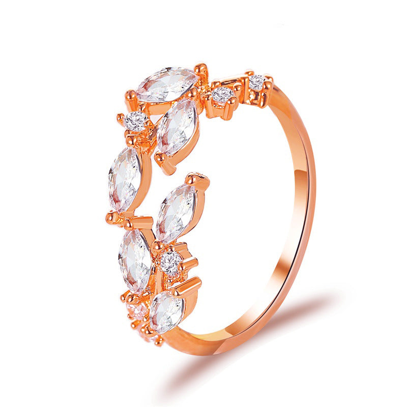 Jewelry temperament all-match zircon leaf ring Mori simple opening crystal leaf ring female