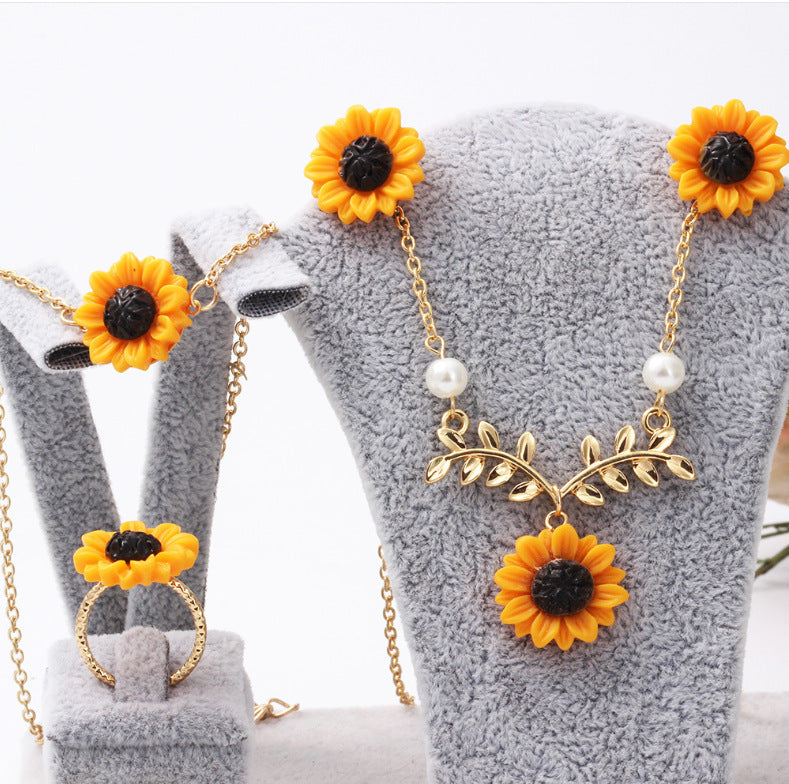 Sunflower leaves flower pendant collarbone chain necklace earrings set branches three-piece set