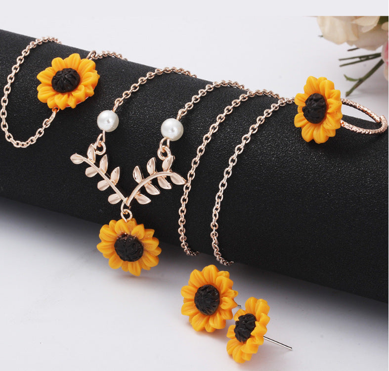 Sunflower leaves flower pendant collarbone chain necklace earrings set branches three-piece set