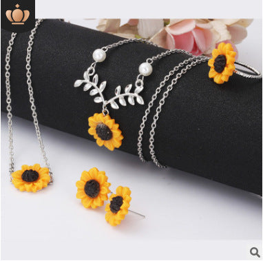 Sunflower leaves flower pendant collarbone chain necklace earrings set branches three-piece set