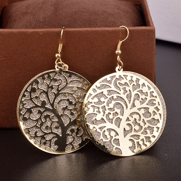 Fashion boutique earrings hollow tree of life frosted earrings women's metal disc earrings girls heart