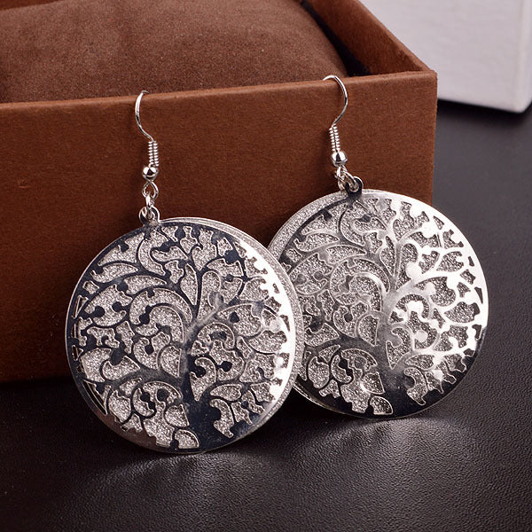 Fashion boutique earrings hollow tree of life frosted earrings women's metal disc earrings girls heart