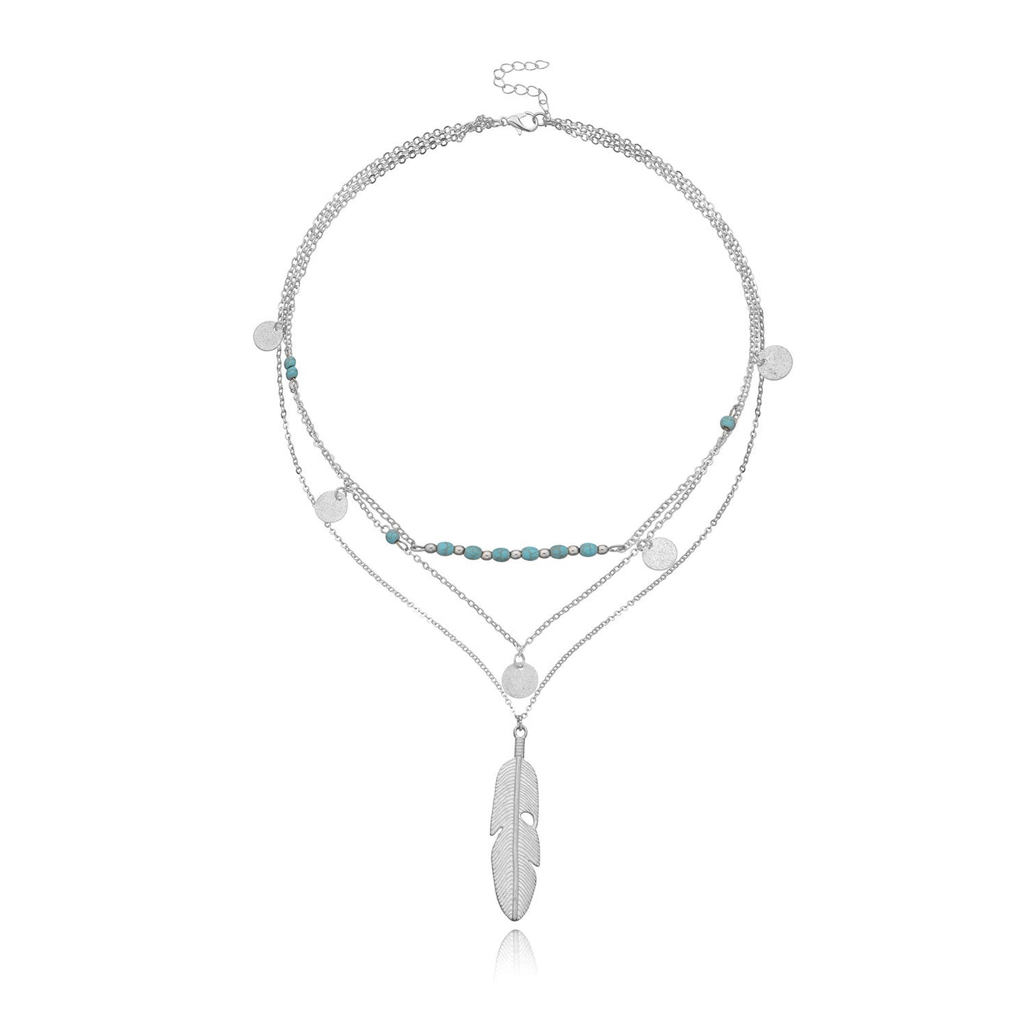 Jewelry Fashion Feather Turquoise Bead Sequin Multilayer Necklace Women's Street Shoot