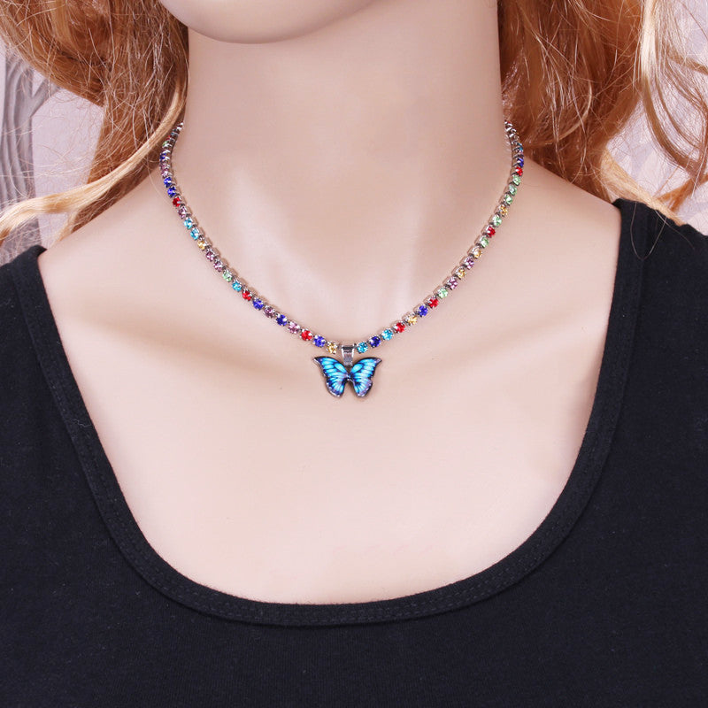 Accessories Personalized Colorful Claw Chain Drill Necklace Simple Drip Oil Symphony Butterfly Pendant Necklace