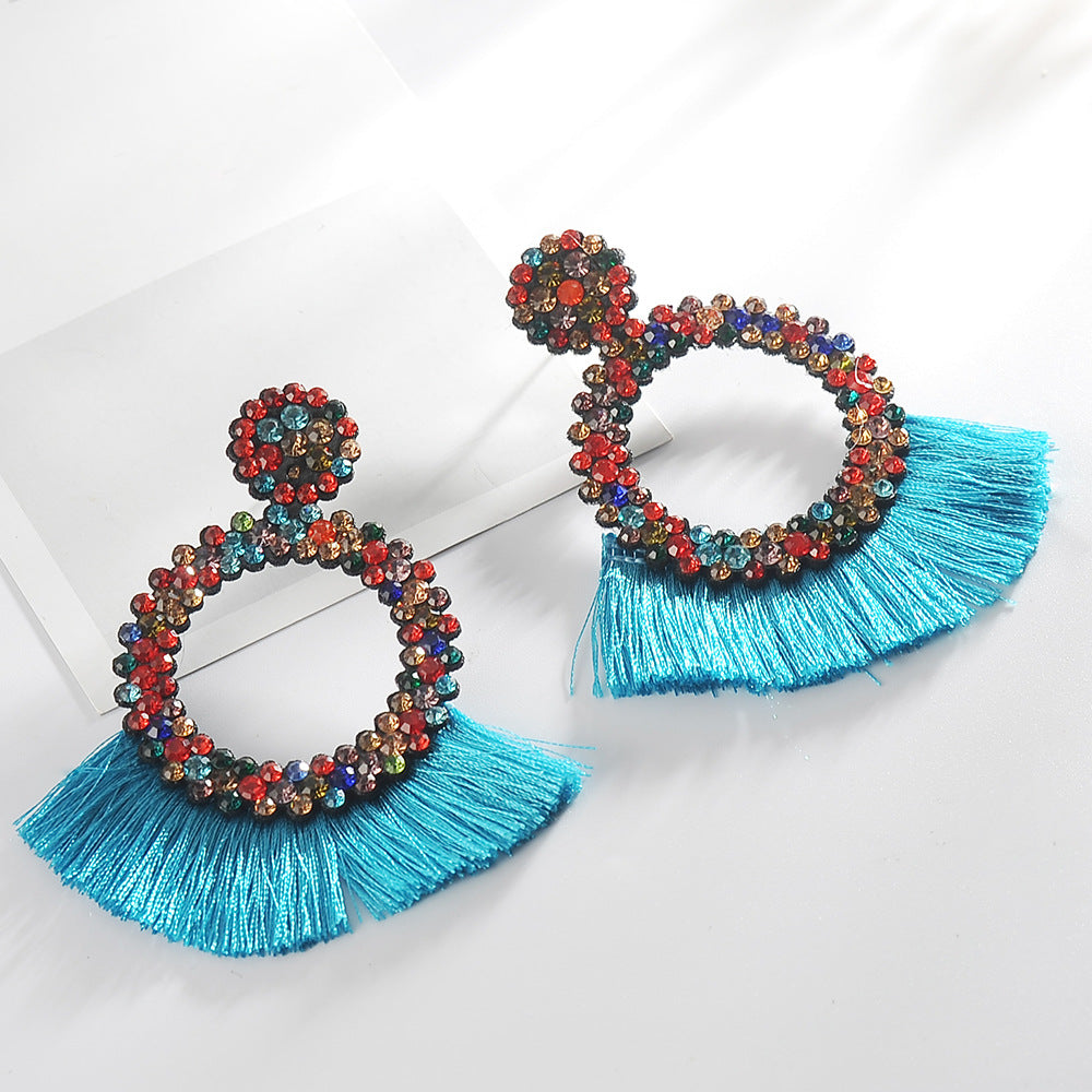 Rhinestone Tassel Earrings Female Exaggerated Color Geometric Large Earrings Personality Bohemian Earrings