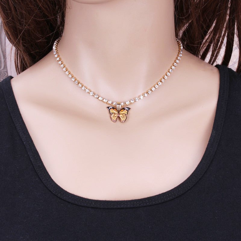 Accessories Personalized Colorful Claw Chain Drill Necklace Simple Drip Oil Symphony Butterfly Pendant Necklace