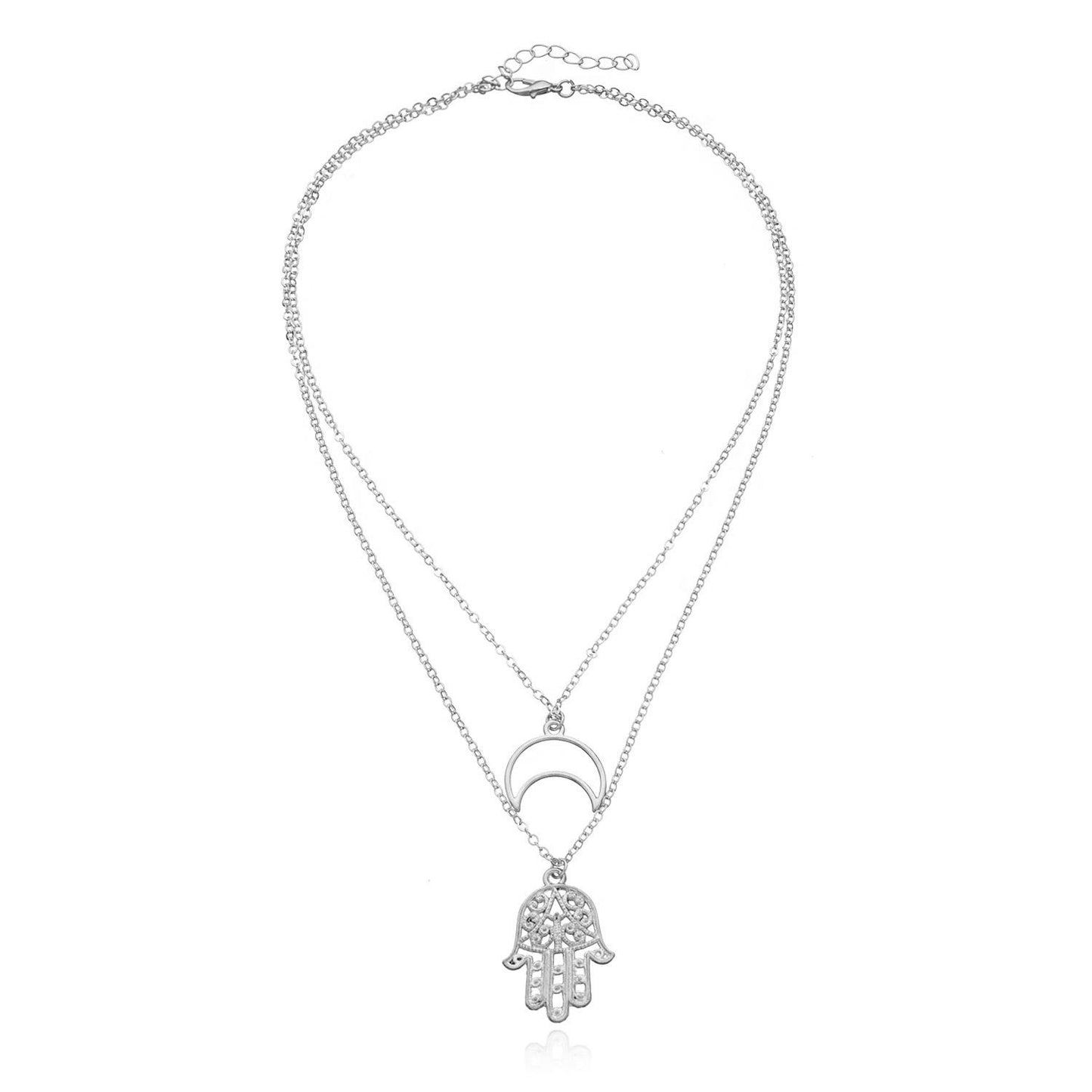 Jewelry Hollow Crescent Moon Fatima Hand Pendant Necklace Female Personality Adjustable Multilayer Necklace