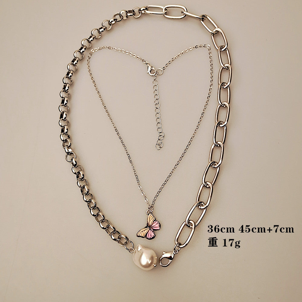 Jewelry Retro Colorful Butterfly Baroque Shaped Pearl Necklace Female Clavicle Chain Two-piece Set