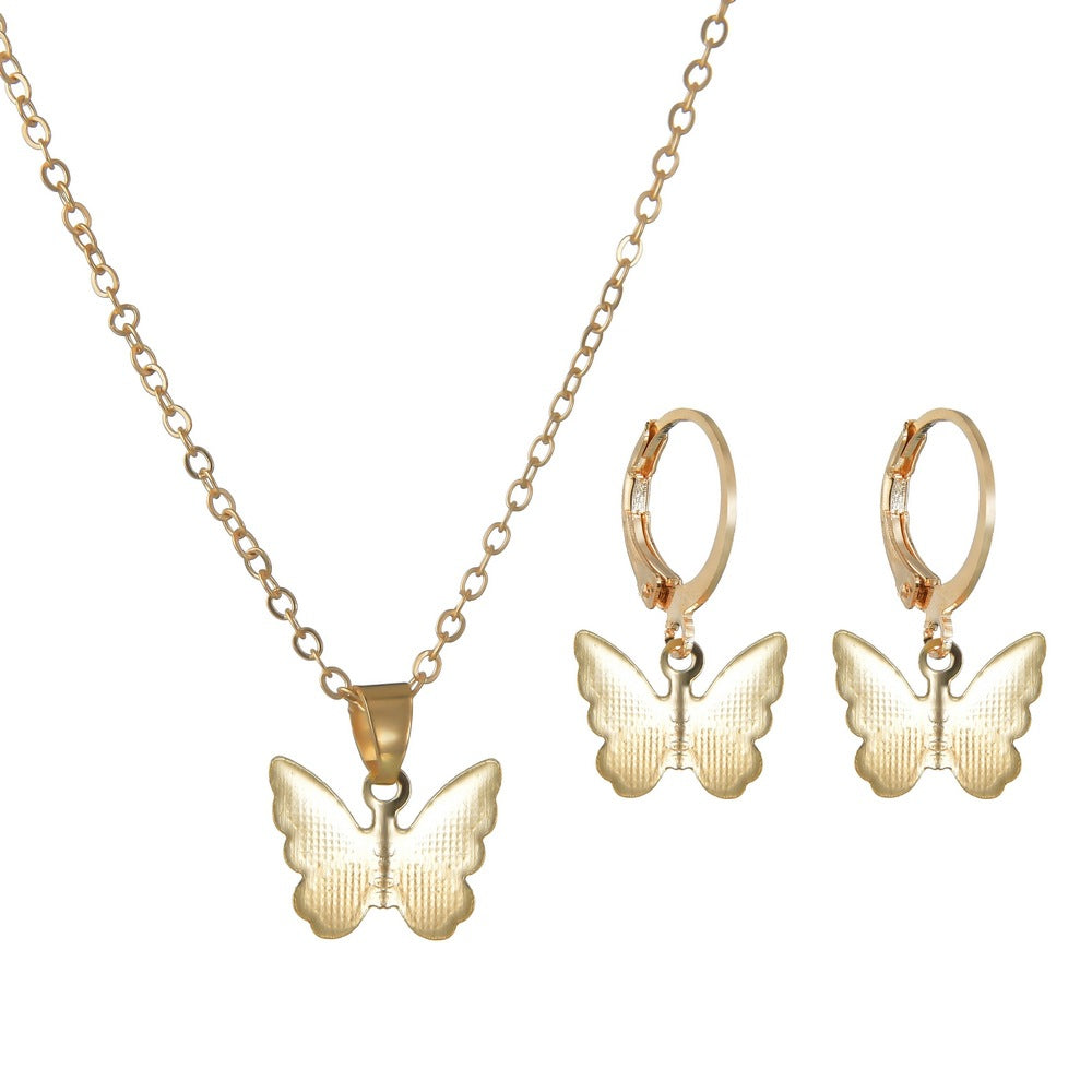 Gold Butterfly Round Buckle Earrings Necklace Accessories Simple Fashion Two-Piece Set Ornaments
