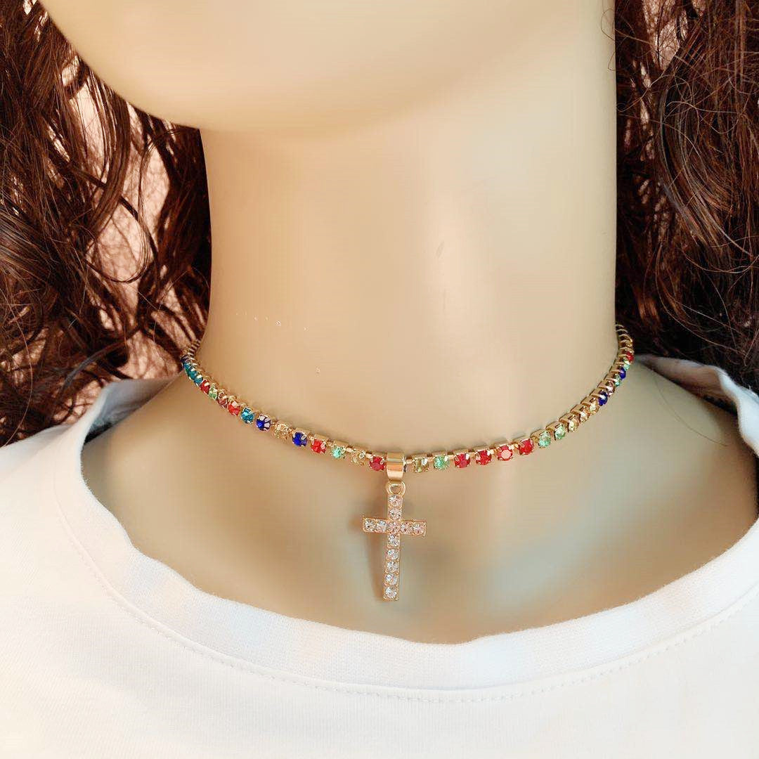 Popular ins minimalist all-match cross rhinestones full of diamonds bm girl cold necklace collarbone chain