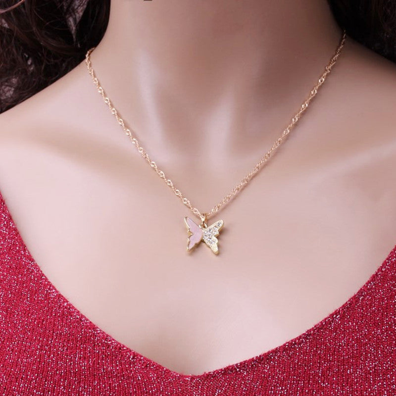 Dongdaemun Temperament Rhinestone Butterfly Necklace Metal Drip Oil Necklace Women's Versatile Necklace Clavicle Chain