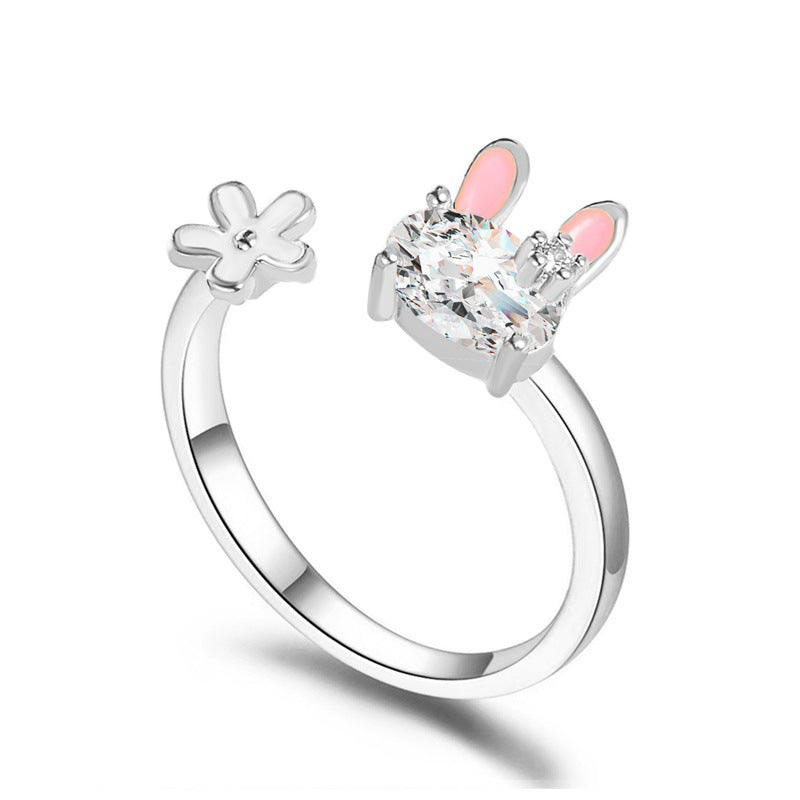 Cute little rabbit ring sweet girl heart flower index finger ring women's ins net red open ring