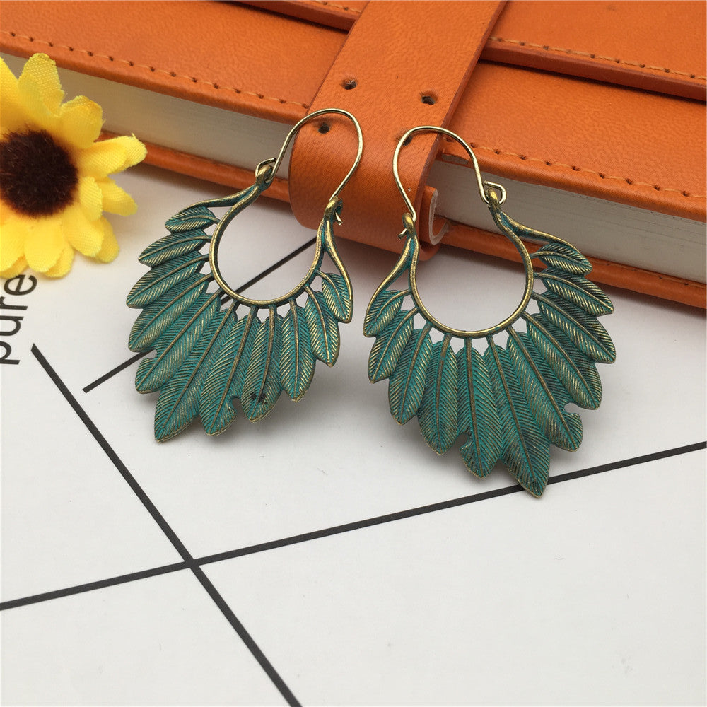 Vintage Ethnic Earrings Alloy Leaf Palm Owl Turquoise Earrings Jewelry Set