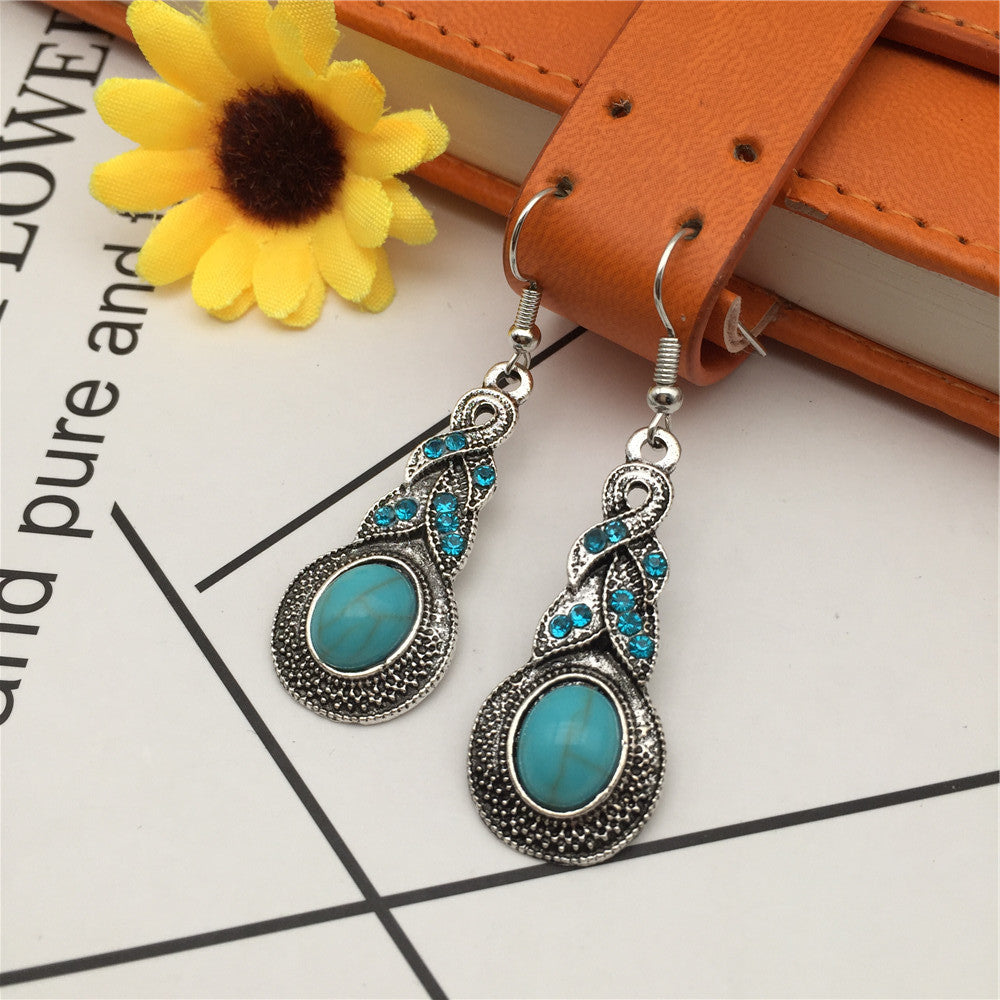 Vintage Ethnic Earrings Alloy Leaf Palm Owl Turquoise Earrings Jewelry Set