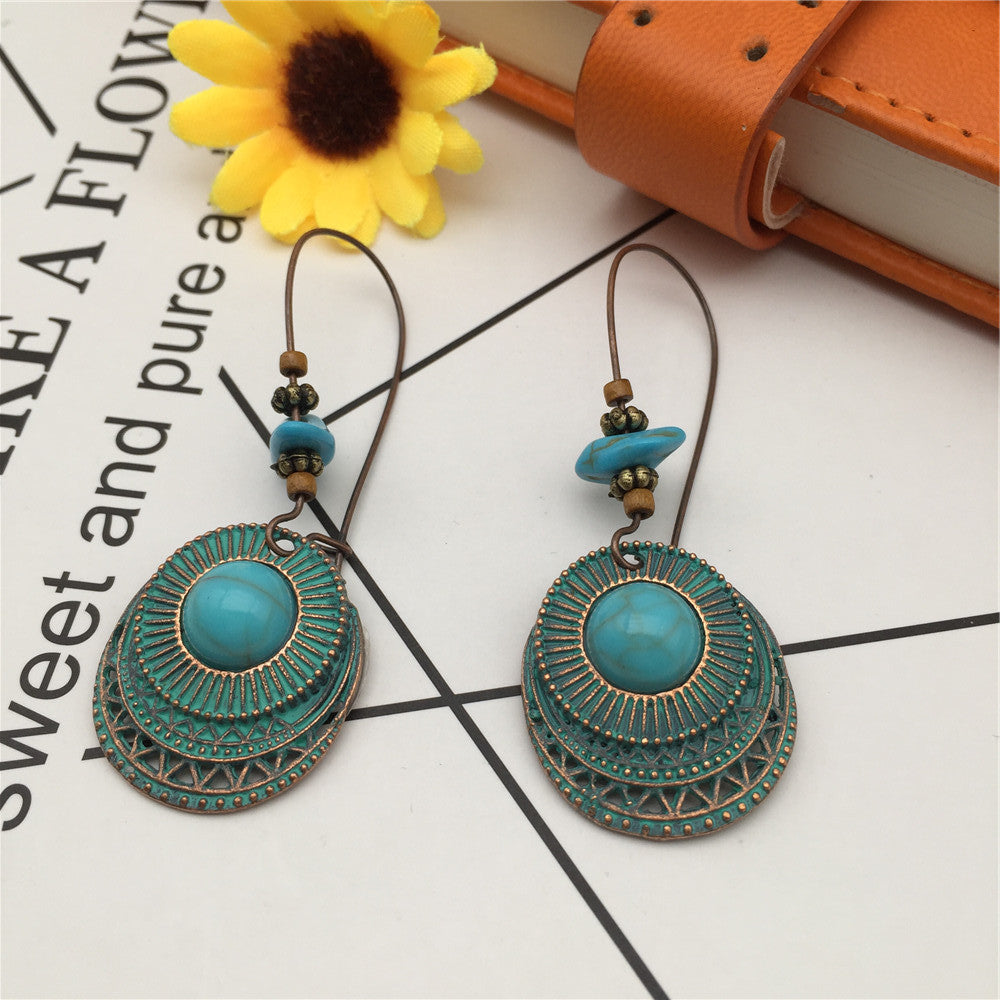 Vintage Ethnic Earrings Alloy Leaf Palm Owl Turquoise Earrings Jewelry Set