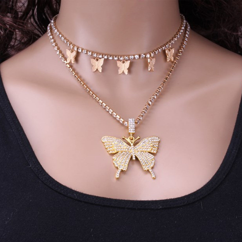 Jewelry Personality Geometric Fashion Butterfly Pendant Necklace Women's Popular Butterfly Diamond Set Necklace