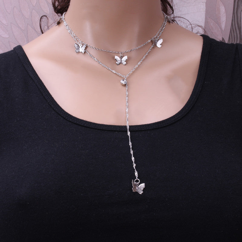 Jewelry Fashion Double Layer Alloy Butterfly Pendant Necklace Feminine Tassel Rhinestone Long Pendant