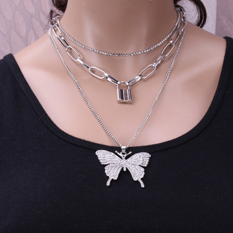 Jewelry Retro Geometric Lock Shape Simple Chain Multilayer Necklace Big Butterfly Micro-inlaid Set