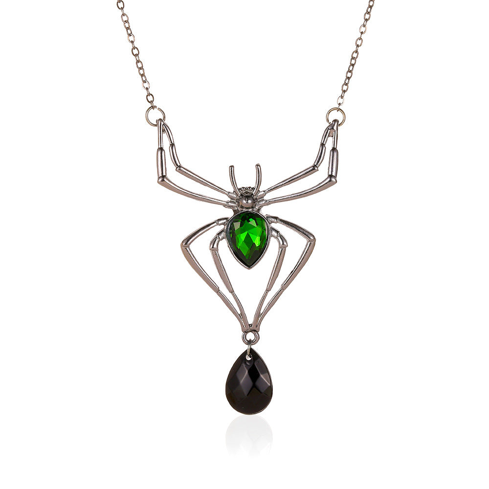 Halloween Jewelry Exaggerated Three-piece Spider Necklace Earrings Ring Retro Emerald Set Accessories