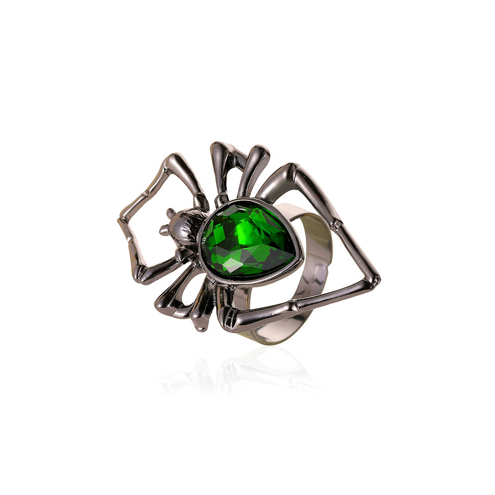 Halloween Jewelry Exaggerated Three-piece Spider Necklace Earrings Ring Retro Emerald Set Accessories