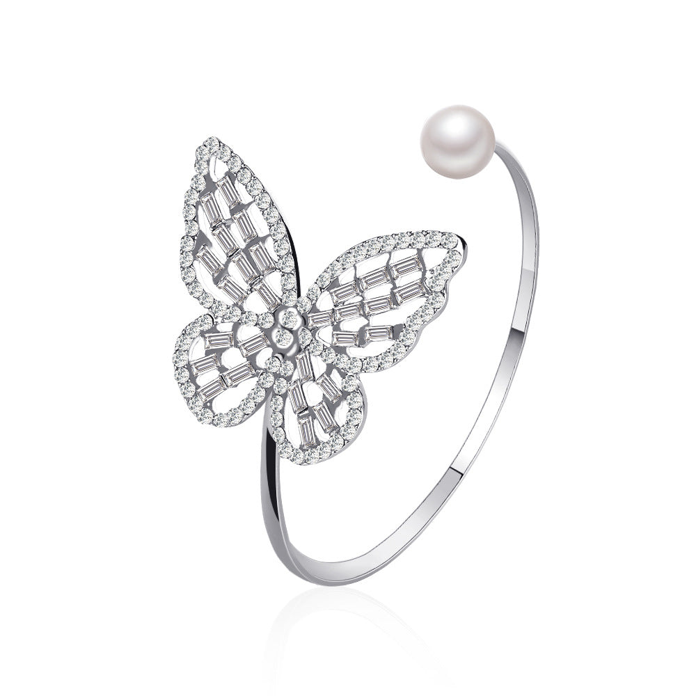 Temperament all-match hollow zircon butterfly bracelet exaggerated pearl crystal opening adjustable bracelet