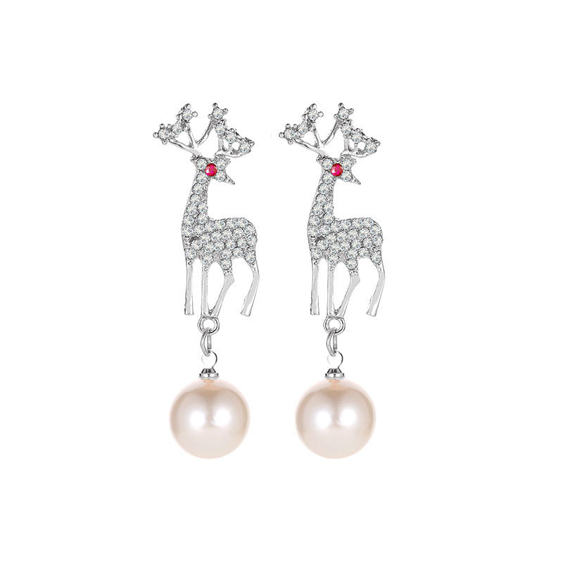 Christmas earrings temperament diamond elk earrings cute small animals pearl deer earrings earrings