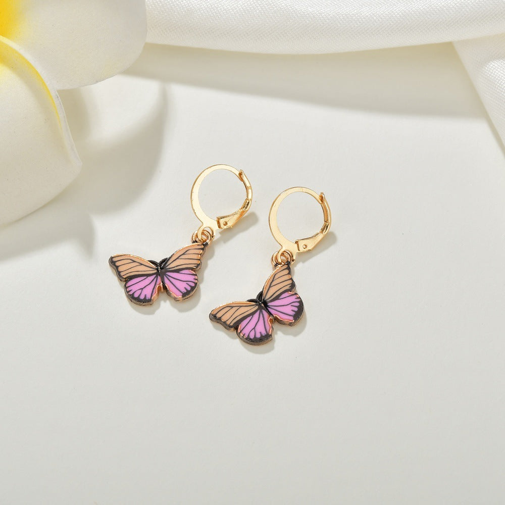Fashion retro ins color butterfly oil drop earrings personality temperament set earrings