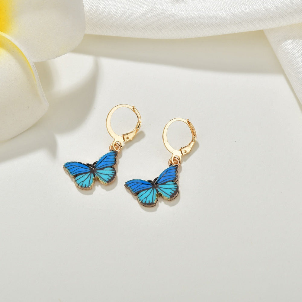Fashion retro ins color butterfly oil drop earrings personality temperament set earrings
